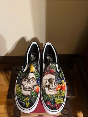 Unique Vans Black Canvas Slip-On with Colorful Skull & Fruit Print